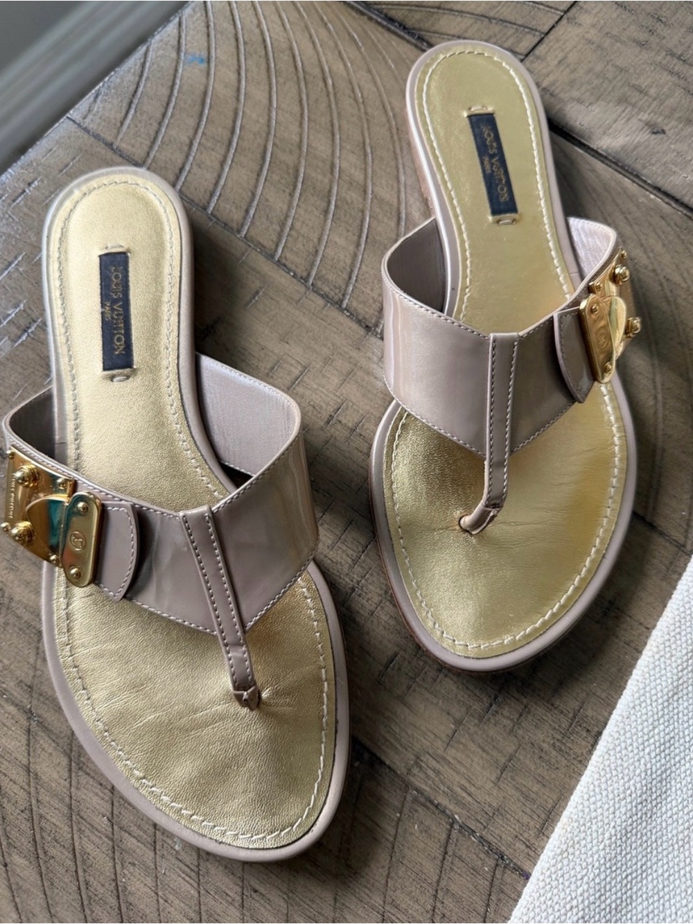Louis Vuitton Taupe Leather Thong Sandals with Gold Trim